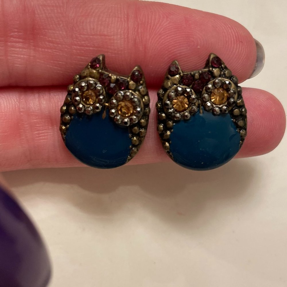 Teal Rhinestone Owl Earrings